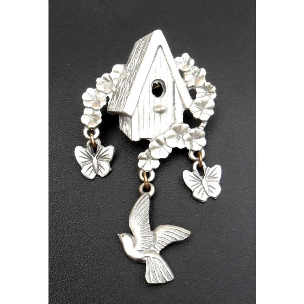 LCD Birdhouse Brooch Pin Bird Butterfly Dangles Silver Tone